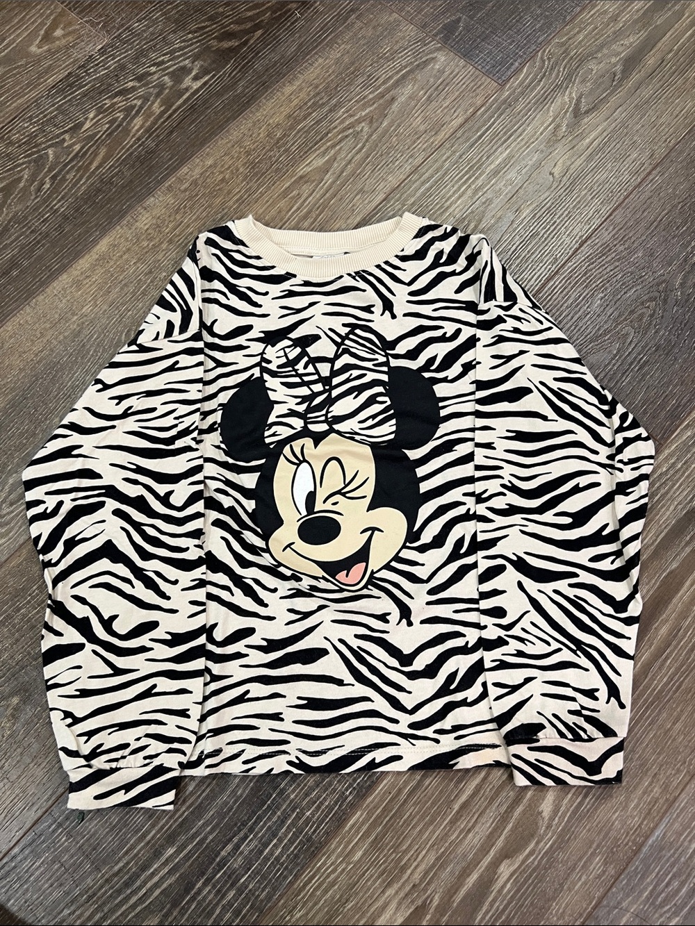 Zara Girl’s Minnie Mouse Zebra-Print Long Sleeve Top - Black & White